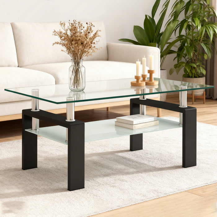 Table basse moderne rectangulaire en verre trempe transparent Liam, noire