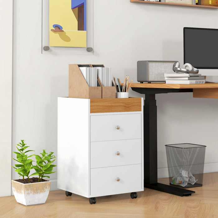 HOMCOM Meuble de Classement a 3 Tiroirs avec Roues et Plateau pour Bureau a Domicile, Blanc