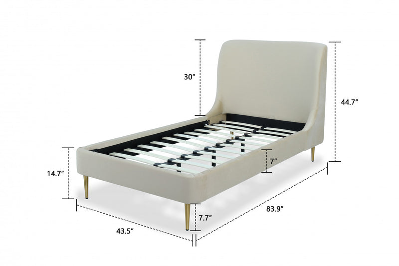 Lit jumeau Heather style milieu du siecle moderne, tapisse de velours creme et or