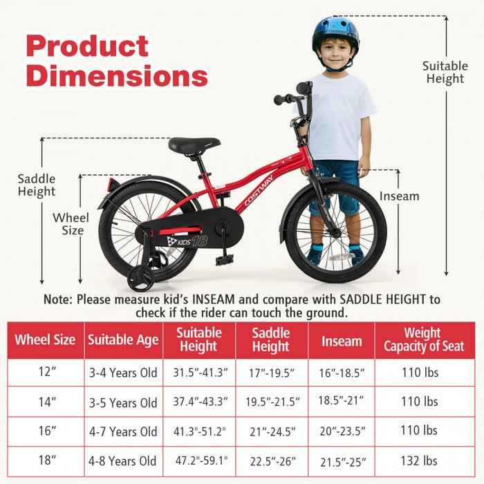 Costway 18\" Velo Pour Enfants De 4 A 8 Ans Garcons Et Filles Avec Reflecteurs Reglables De Frein A Main De Siege Rouge
