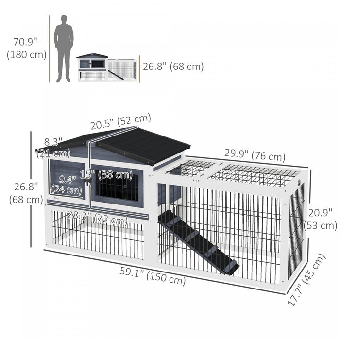 Pawhut Clapier D'exterieur A 2 Niveaux Avec Dessus Ouvrant, Grande Cage A Lapin En Bois De 59\" Avec Toit Resistant Aux Intemperies, Plateau Amovible, Rampe, Gris Fonce