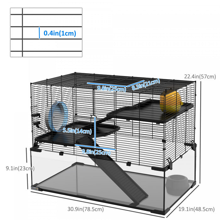 Pawhut Cage A Hamster, Cage A Gerbilles Avec Bassin En Verre, Rampes, Plates-formes, Cabane, Roue D'exercice, Pour Hamsters Syriens Et Nains, Noir