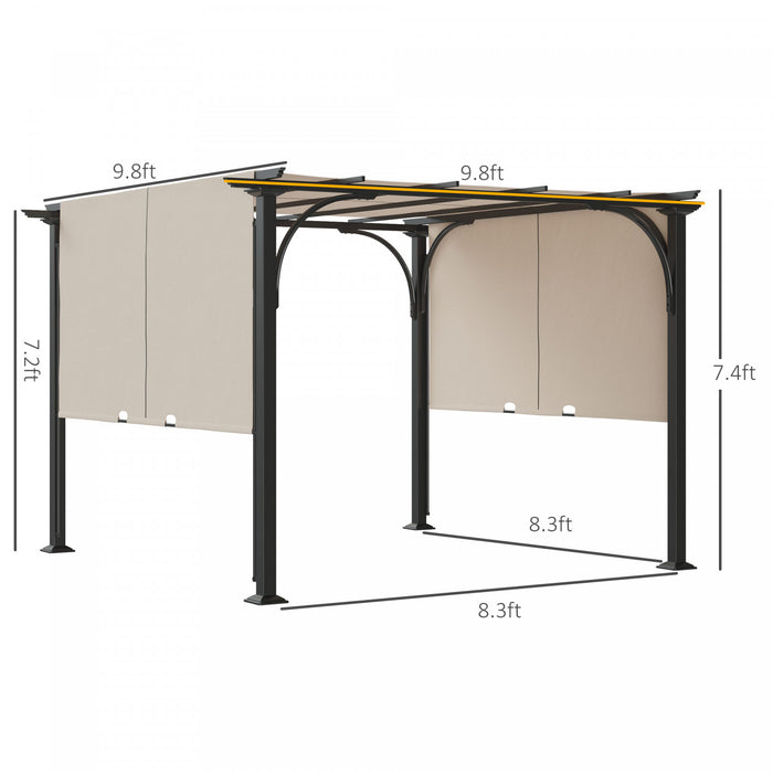 Outsunny 10' X 10' Pergola Patio Gazebo Abri Solaire A Auvent Retractable Avec Structure Metal Beige