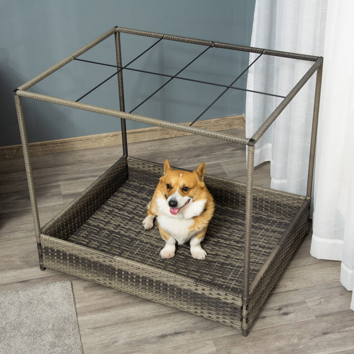 Pawhut Niche Pour Chien En Osier Avec Toit Resistant Aux Intemperies, Canape Sureleve Pour Animal De Compagnie, Lit Chien Chat Interieur Exterieur Terrasse Jardin, Pour Chiens De Taille Moyenne, Gris