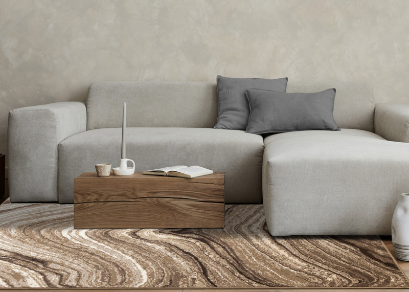 Carpette Forte brune et crème à motif de vagues apaisantes - 7 pi 9 po x 10 pi 6 po