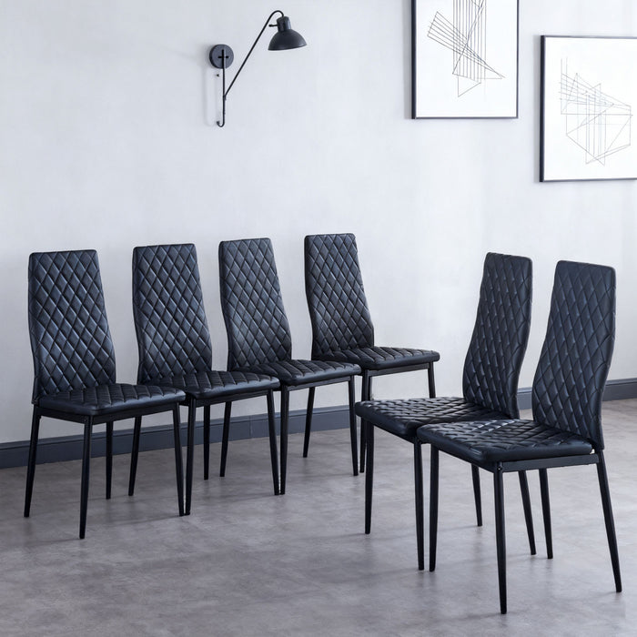 Ensemble de chaises de salle a manger modernes Ava avec motif de grille en diamant (lot de 6), cuir ignifuge et cadre en metal, noir