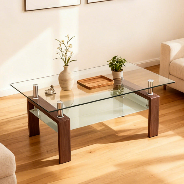 Table basse moderne rectangulaire en verre trempe transparent Liam, finition noyer