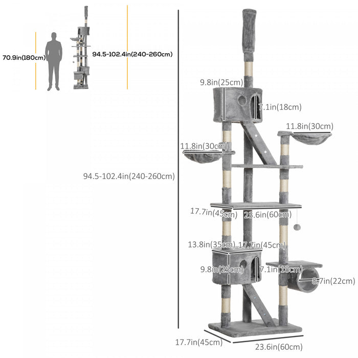 Pawhut 94 \"-102\" Enorme Arbre A Chat A Plusieurs Niveaux Du Plafond Au Sol. Griffoir Centre D'activite Multi-niveaux Maison De Jeu Gris Clair