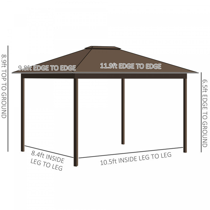 Outsunny 10' X 12' Tonnelle Exterieur A Toit Rigide Gazebo De Terrasse En Toit En Metal Avec Cadre En Aluminium, Filets En Maille, Rideaux, Et Espace Interieur Spacieux, Marron