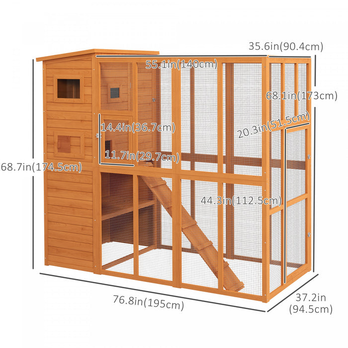 Pawhut Grande Maison Pour Chat D'exterieur En Bois Avec Grand Enclos Pour Jouer, Zone De Condo Pour Dormir, Naturel