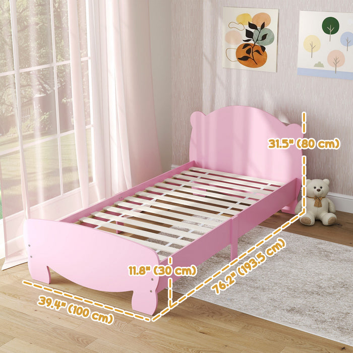Qaba Cadre de lit double pour enfants, plateforme pour tout-petits avec tete et pied de lit en forme d'ours, support a lattes, Matelas non inclus, pour garcons et filles de 3 a 12 ans, rose