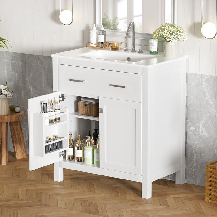 Meuble de salle de bain moderne Baker 30 pouces avec lavabo ceramique et rangement, blanc