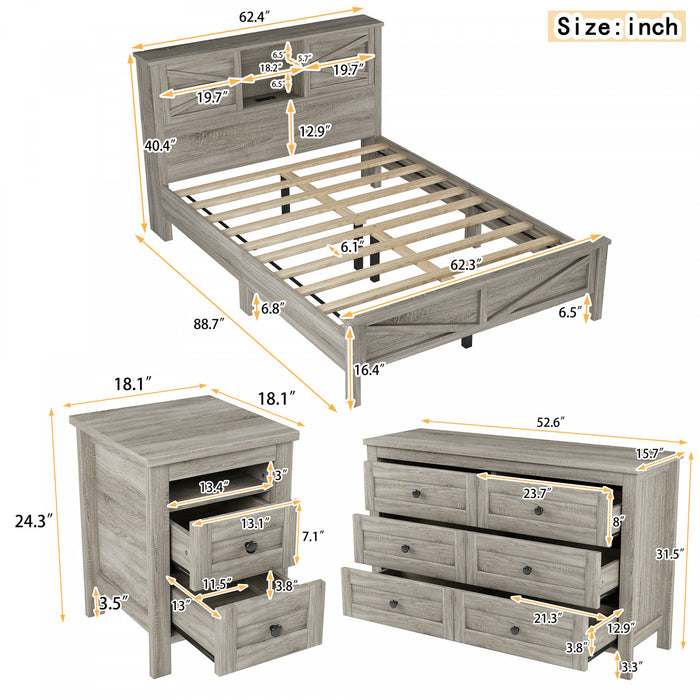 Madison Ensemble de chambre avec lit plateforme style ferme, rangement et station de recharge, taille Queen, gris
