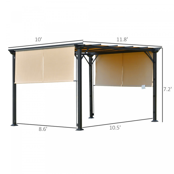 Outsunny 12' X 10' Pergola De Jardin Patio Exterieur Avec Toit Coulissant Cadre En Acier Avec Piquets Et Design Unique