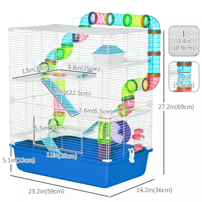Pawhut Cage Pour Hamster Extra Large 23\" Avec Tubes Et Tunnels, Poignees De Transport, Maison Pour Rats, Design A 5 Niveaux, Avec Roue D'exercice, Bouteille D'eau, Plat De Nourriture, Bleu