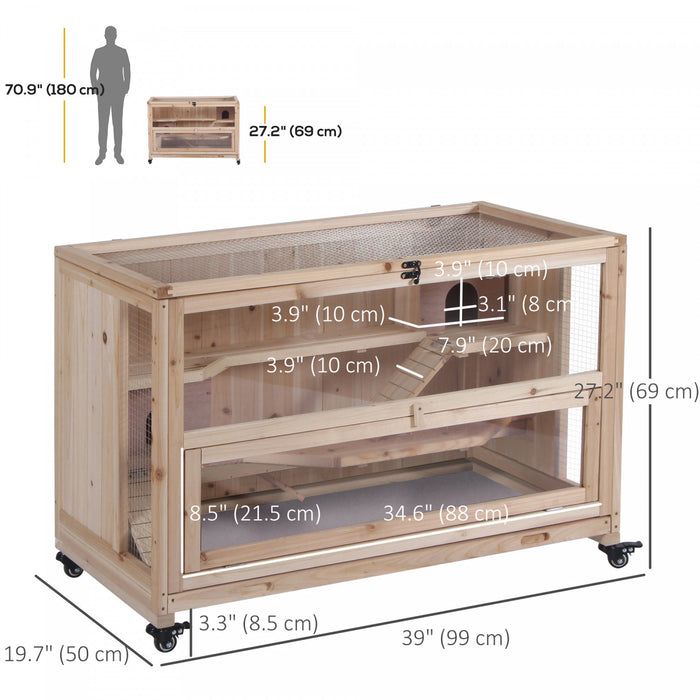 Pawhut Cage En Bois Extra Large Pour Hamster Et Aire De Jeux Avec 3 Echelles Et 2 Cabanes, Cage Pour Petits Animaux Pour Hamster Syrien Et Nain, Roues, Plateau Coulissant, Bois Naturel
