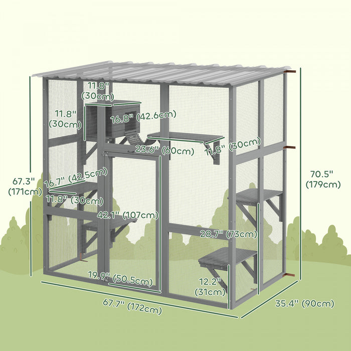 Pawhut Catio Enclos D'exterieur Pour Chat En Bois Avec Toit Resistant Aux Intemperies, Pont, Boite De Repos, Plates-formes Pour 2 Chatons, Gris