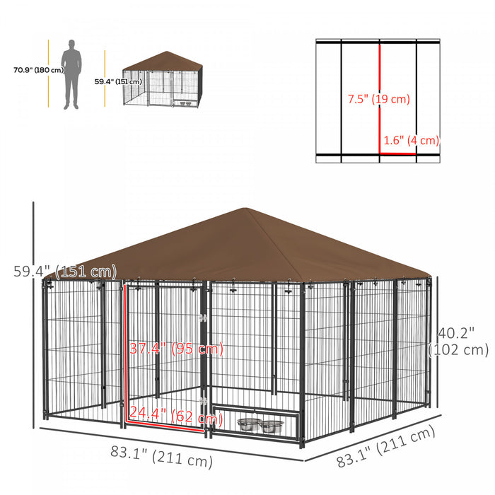 Pawhut Chenil Exterieur Pour Chien De 6,9' X 6,9' X 5' Avec Auvent, Bols Rotatifs, Porte Pour Cour Et Jardin, Cafe