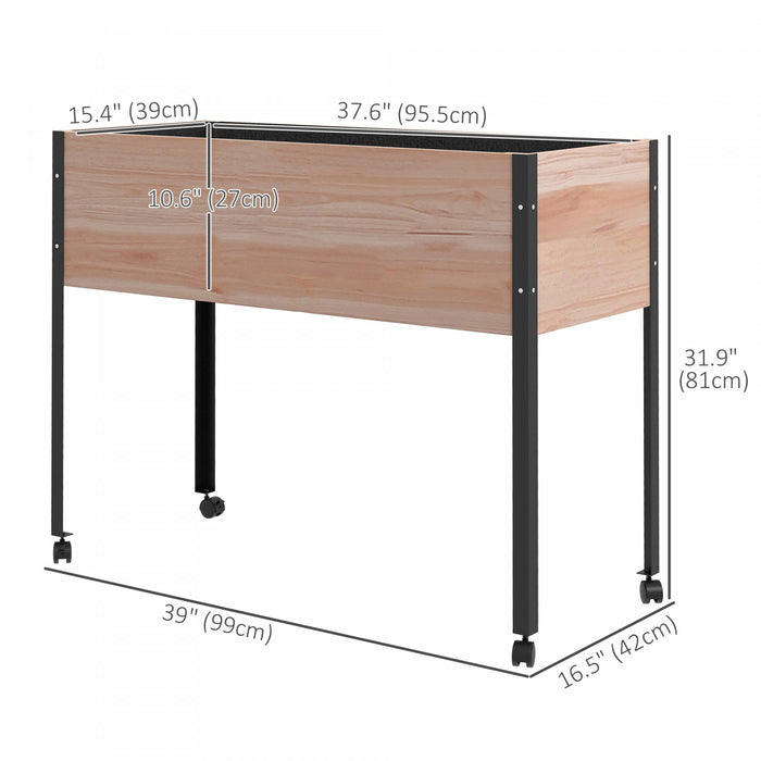 Outsunny Jardin Sureleve En Bois Avec Roues, Jardiniere Surelevee Avec Pieds En Metal, Trous De Drainage Et Revetement De Sol, Pour Legumes, Fleurs, Herbes.