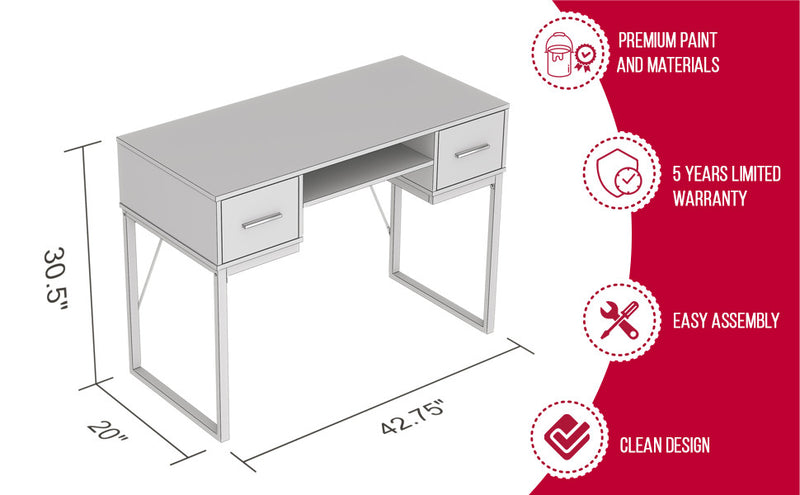 Bureau D’etude 42,5 Po Pour Bureau A Domicile Ou Salle De Jeux – Taupe Fonce Avec 2 Tiroirs, 1 Etagere Et Base En Metal Noir
