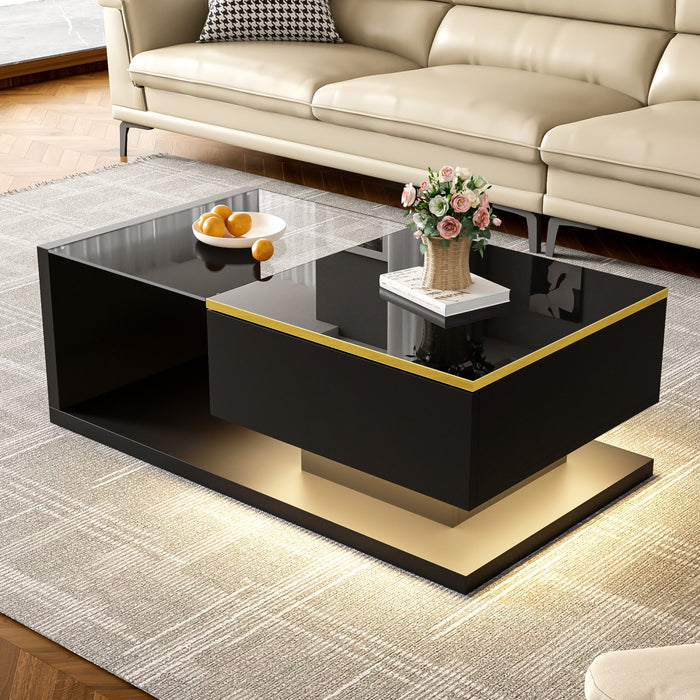 Ethan Table Basse Haute Brillance de 35,4\" avec Verre et Effet LED, Noir