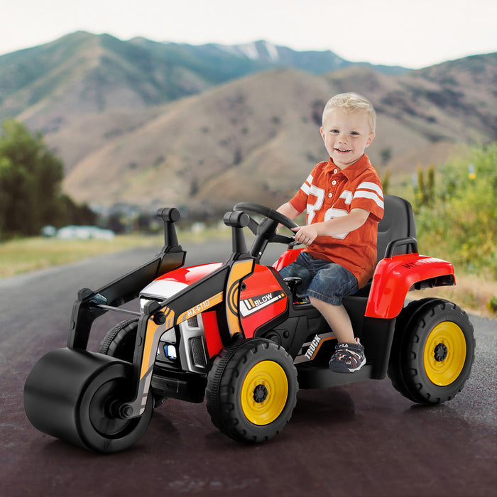 Costway Enfants Rouler Sur La Route Rouleau 12v Tracteur Electrique A Distance W / Musique & Led Lumiere Rouge