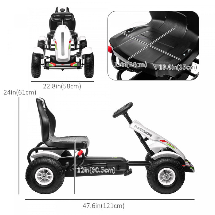 Aosom Kart A Pedales Pour Enfants, Voiture A Pedales Avec Seau Reglable, Frein A Main, 4 Roues En Caoutchouc, 5 A 12 Ans, Blanc