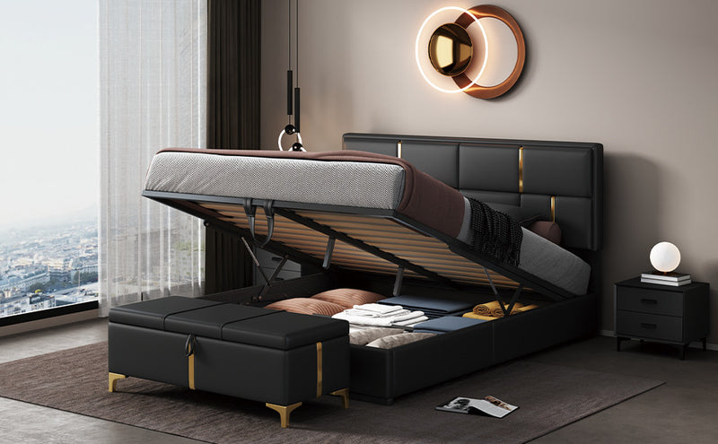 Ensemble De Chambre Nicole 2 Pieces Avec Lit Plateforme Tapisse Et Banc Coffre, Taille Queen, Noir