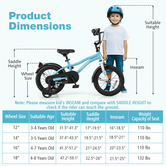Costway 14\" Velo Pour Enfants Pour Garcons Et Filles De 3 A 5 Ans Avec Reflecteurs De Frein A Main Reglables Bleu