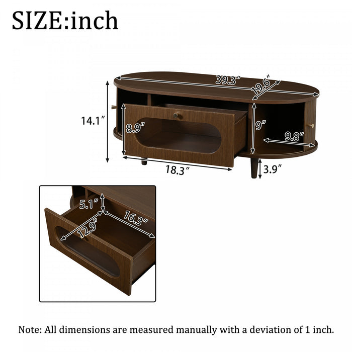 Grain Table Basse Noyer 39.3 po avec Porte Enroulable et Tiroir Acrylique, Noyer