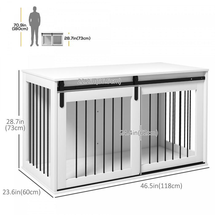 Pawhut Meuble De Cage Pour Chien, 47\", Table D'appoint, Niche D'interieur Pour Chiens De Tres Grande Taille, Avec Porte Coulissante, Serrure, Blanc