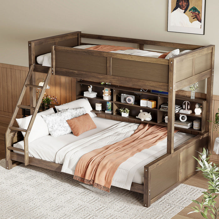 Lit superpose Liam en bois massif Twin XL sur Queen avec rangement et ports USB, brun