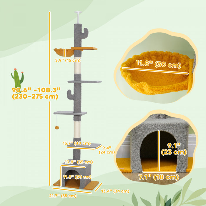 Pawhut Arbre A Chat Du Sol Au Plafond, Tour Pour Chat Avec Hauteur Reglable De 90,5\" A 108\", Centre D'activite A 5 Niveaux Avec Griffoirs, Balle Jouet Pour Chats, Gris Clair