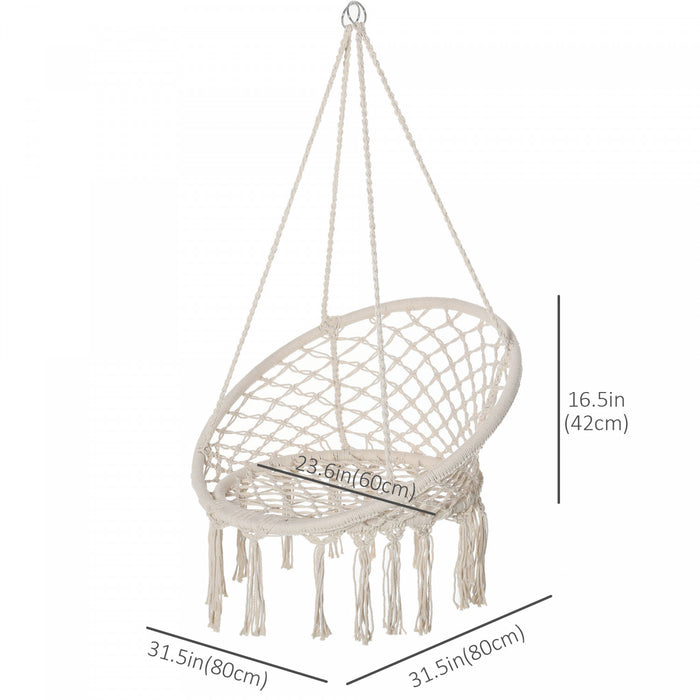 Outsunny Chaise Suspendue Balancoire A Corde Suspendue Pour L'interieur Et L'exterieur Avec Dossier, Melange Coton-polyester, Franges, Blanc Creme