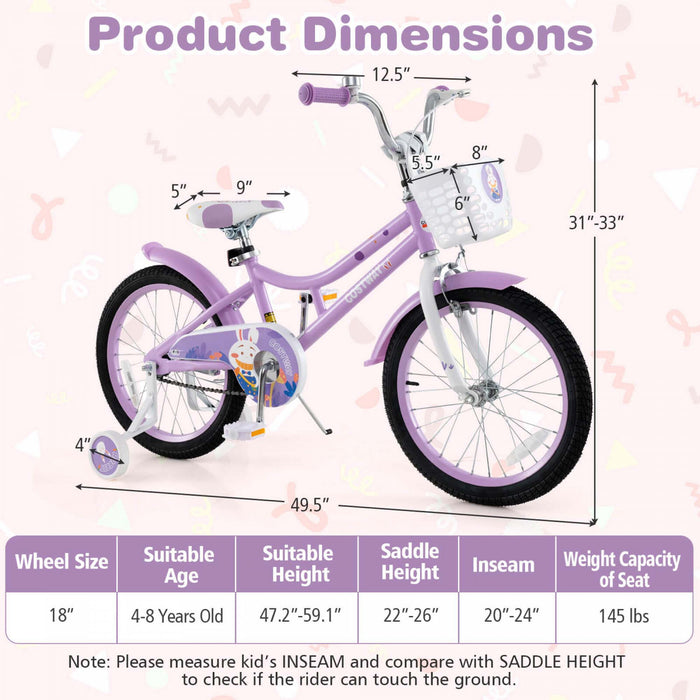 Costway 18\" Velo Fille Avec Panier Roues D'entrainement Amovibles Frein A Main De Siege Reglable Frein De Montagne Violet