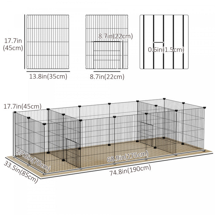 Pawhut Cage Pour Petits Animaux A 18 Panneaux Avec Tapis Resistant A L'eau, Parc Pour Animaux De Compagnie Avec Portes, Cage Pour Cochon D'inde, Cour Metallique Portable Pour Herissons A L'interieur, 69\" X 28\" X 18\"