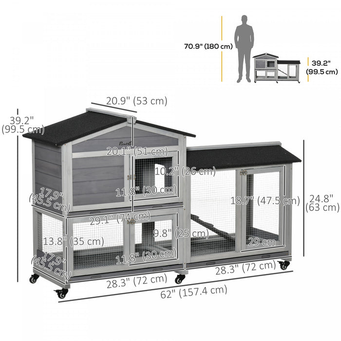 Pawhut Nichoir A Lapin En Bois De 62\", Cage A Lapin, Enclos A Roulettes, Bac Anti-fuite Et Rampe Pour Petits Animaux, Interieur/exterieur, Gris Clair