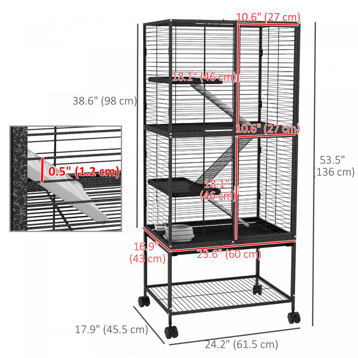 Pawhut Cage A Furet Roulant 53,5 Po De Hauteur Pour Petits Animaux, Cage A 4 Niveaux Pour Chinchillas, Etagere De Rangement, 3 Portes, Bol, Bouteille D'eau, Rampes, Gris