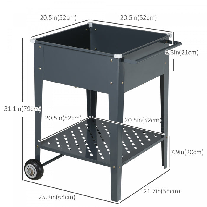 Outsunny Lit De Jardin Sureleve Avec Roues, 25\"x 22\" X 31\" En Acier Galvanise Avec Pieds Et Etagere De Rangement Pour Jardin Exterieur, Terrasse Pour Cultiver Des Legumes, Des Herbes, Des Fleurs, Gris