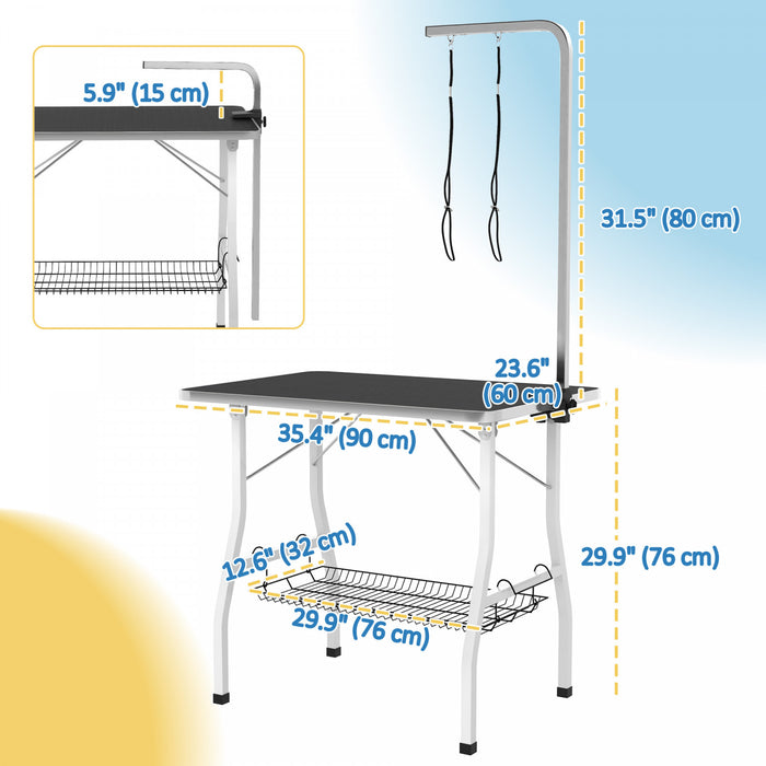 Pawhut Table De Toilettage Pour Chien Avec Bras Reglable, Table De Toilettage Pliable Avec Plateau En Maille, Deux Nœuds, Surface En Caoutchouc, 35\" X 24\" X 30\", Noir