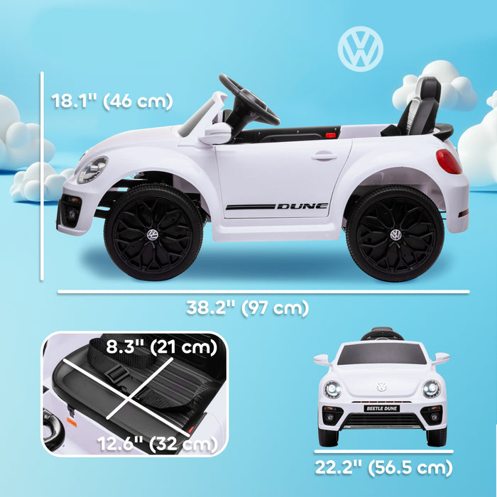 Qaba Voiture Electrique Pour Enfants 12 V, Volkswagen Beetle, Voiture Pour Enfants Alimentee Par Batterie Avec Telecommande, 4 Roues A Suspension A Ressort, Musique, Klaxon, Blanc