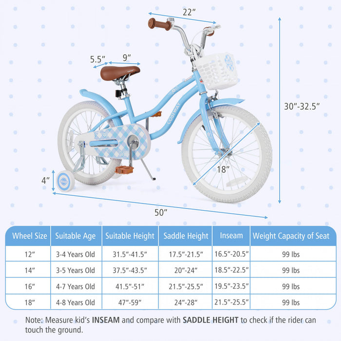 Costway 18\" Enfants Velo Tout-petit Velo Avec Roue D'entrainement Pour 4-8 Ans Bleu