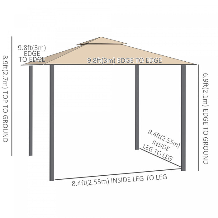 Outsunny 10' X 10' Pavillon Tonnelle De Jardin Abri Auvent D'exterieur Avec Double Toit Ventile, Double Auvent , Cadre En Metal Pour Pelouse, Terrasse, Beige