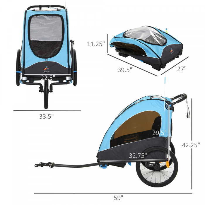 Aosom Remorque De Velo Pour Enfant 3 En1 Poussette De Jogging Pliable Poussette De Bebe 2 Places Avec Systeme D'amortisseur Pneus En Caoutchouc Guidon Reglable Bleu Et Noir
