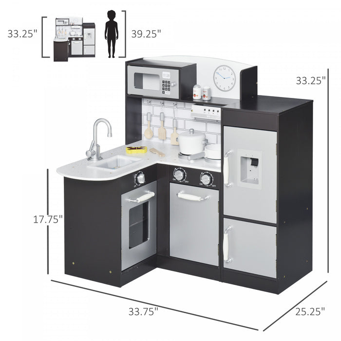 Qaba Ensemble De Jouets De Cuisine Pour Enfants Avec Fontaine A Boire, Micro-ondes Et Refrigerateur Avec Accessoires - Noir