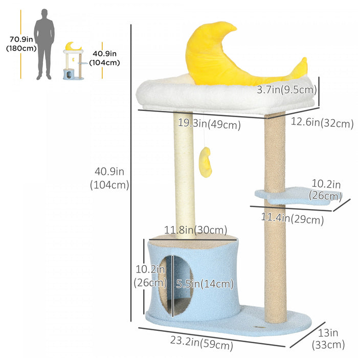 Pawhut 41\" Arbre A Chat Pour Chats D'interieur Avec Maison Et Lit En Peluche Polaire, Tour Pour Chaton Avec Griffoir, Jouet Suspendu En Forme De Lune, Plate-forme Etoile, Bleu