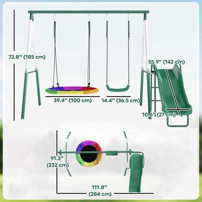 Qaba Portique en metal avec toboggan, balancoire robuste, vert fonce