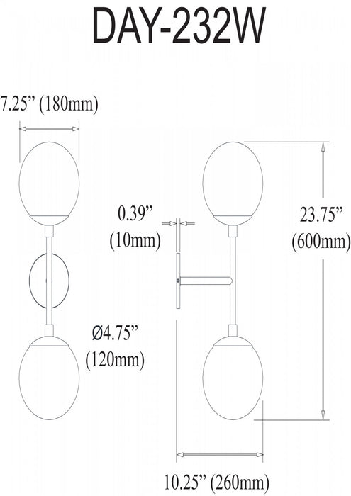 Applique murale Dayana de Dainolite en verre blanc, avec fini noir mat et 2 ampoules