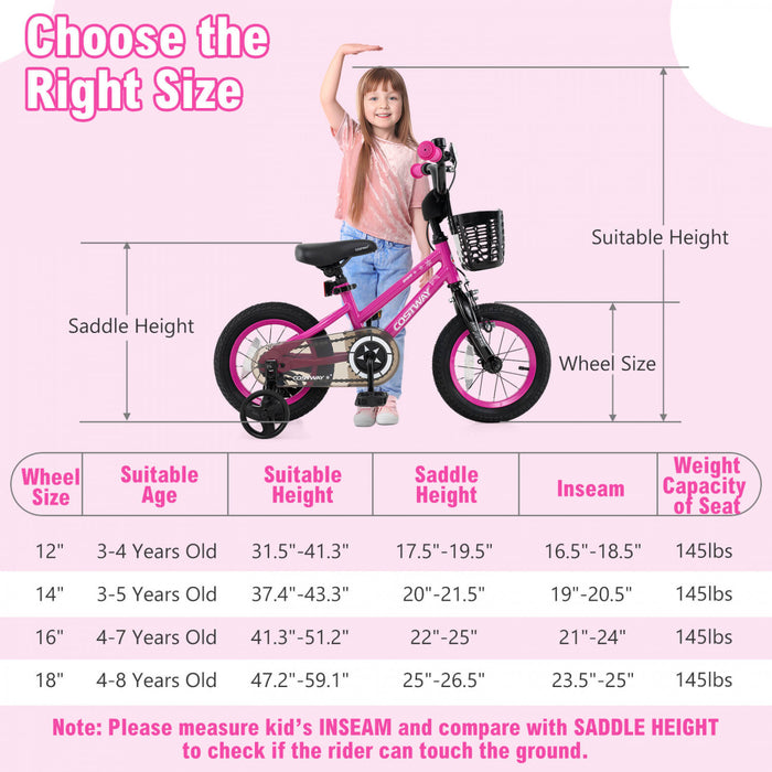 Costway 12\" Velo Pour Enfants Avec Roues D'entrainement Guidon Reglable Et Frein A Main De Siege Rose