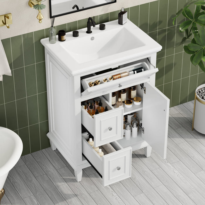 Vivo Meuble-Lavabo Simple 24 po avec Tiroir Bascule et Pieds en Bois Massif, Blanc